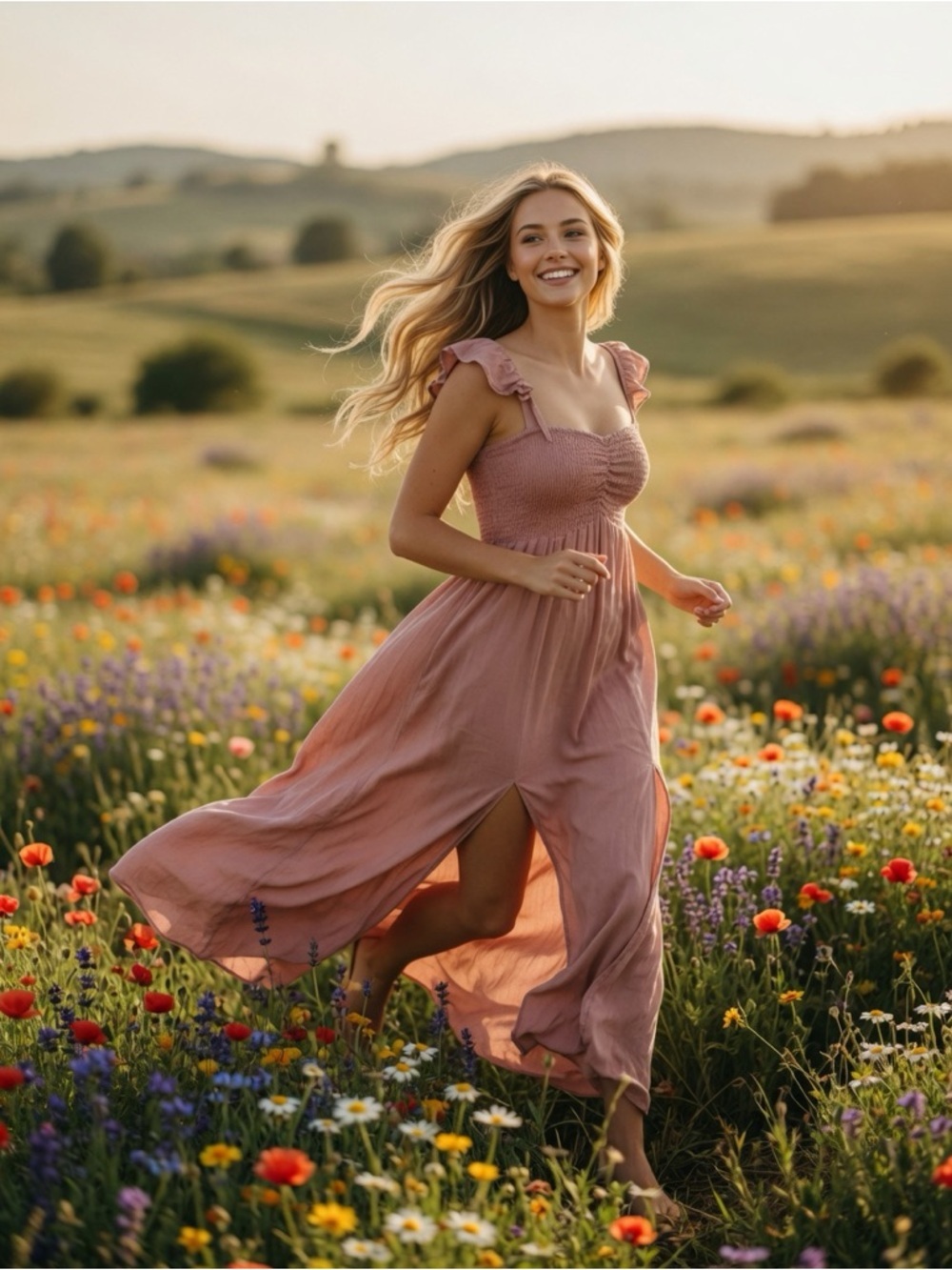 Smocked Ruffle-Strap Maxi Dress in Dusty Rose